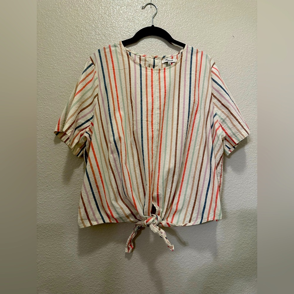 Madewell 2x (16w-18w) plus size tie front, button back, multi stripes w/speckles